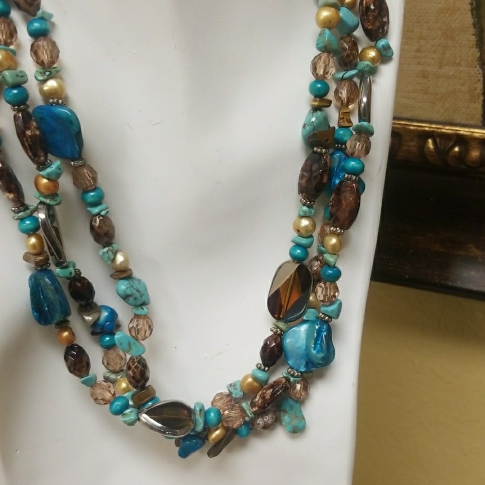Artisan Handmade Brown Turquoise Teal Golden Shell Necklace NEW - Picture 3 of 5